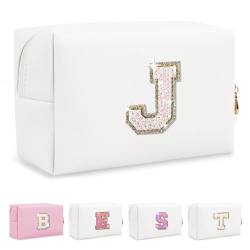 Biileen Kleine personalisierte Make-up-Tasche mit Initialbuchstaben, Weißes Leder, weiße Buchstaben, J von Biileen