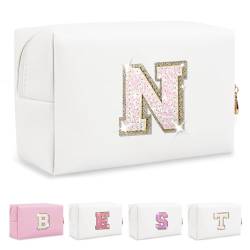 Biileen Kleine personalisierte Make-up-Tasche mit Initialbuchstaben, Weißes Leder, weiße Buchstaben, N von Biileen