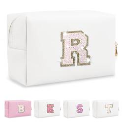 Biileen Kleine personalisierte Make-up-Tasche mit Initialbuchstaben, Weißes Leder, weiße Buchstaben, R von Biileen