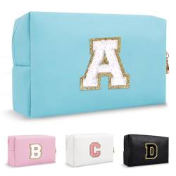 Biileen Personalisierte Initiale adrette Make-up Tasche Kleine Nette Reise Chenille Brief Beutel, Blau, A, modisch von Biileen