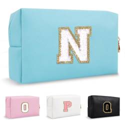 Biileen Personalisierte Initiale adrette Make-up Tasche Kleine Nette Reise Chenille Brief Beutel, Blau, N, modisch von Biileen