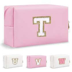 Biileen Personalisierte Initiale adrette Make-up Tasche Kleine Nette Reise Chenille Brief Beutel, Pink, T von Biileen