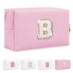 Biileen Personalisierte Make-up-Tasche mit Initiale, klein, niedlich, Reise-Chenille-Brieftasche, Glitzernde rosa/weiße Buchstabe, B von Biileen