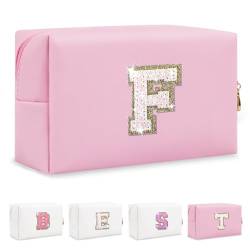 Biileen Personalisierte Make-up-Tasche mit Initiale, klein, niedlich, Reise-Chenille-Brieftasche, Glitzernde rosa/weiße Buchstabe, F von Biileen