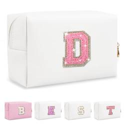 Biileen Personalisierte Make-up-Tasche mit Initiale, klein, niedlich, Reise-Chenille-Brieftasche, Glitzernde weiß-rosa Buchstabe, D von Biileen