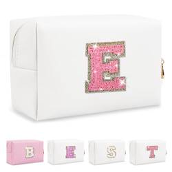 Biileen Personalisierte Make-up-Tasche mit Initiale, klein, niedlich, Reise-Chenille-Brieftasche, Glitzernde weiß-rosa Buchstabe, E von Biileen