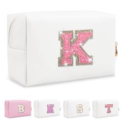 Biileen Personalisierte Make-up-Tasche mit Initiale, klein, niedlich, Reise-Chenille-Brieftasche, Glitzernde weiß-rosa Buchstabe, K von Biileen