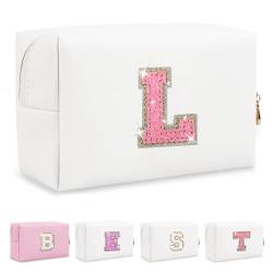 Biileen Personalisierte Make-up-Tasche mit Initiale, klein, niedlich, Reise-Chenille-Brieftasche, Glitzernde weiß-rosa Buchstabe, L von Biileen