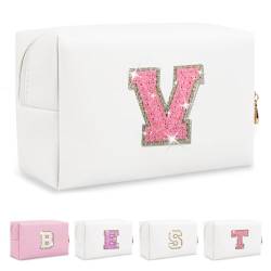 Biileen Personalisierte Make-up-Tasche mit Initiale, klein, niedlich, Reise-Chenille-Brieftasche, Glitzernde weiß-rosa Buchstabe, V von Biileen