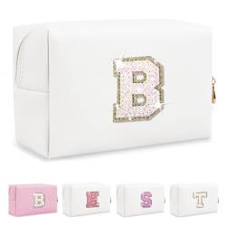 Biileen Personalisierte Make-up-Tasche mit Initiale, klein, niedlich, Reise-Chenille-Brieftasche, Glitzernde weiß-weiße Buchstabe, B von Biileen