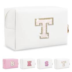 Biileen Personalisierte Make-up-Tasche mit Initiale, klein, niedlich, Reise-Chenille-Brieftasche, Glitzernde weiß-weiße Buchstabe, T von Biileen