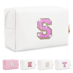 Biileen Personalisierte Make-up-Tasche mit Initiale, klein, niedlich, Reise-Chenille-Brieftasche, Glitzernder Buchstabe in Weiß/Rosered, S von Biileen