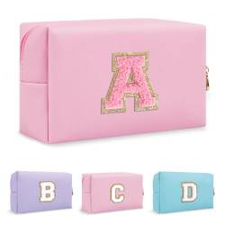 Biileen Personalisierte Make-up-Tasche mit Initiale, klein, niedlich, Reise-Chenille-Brieftasche, Rosa 2, A von Biileen