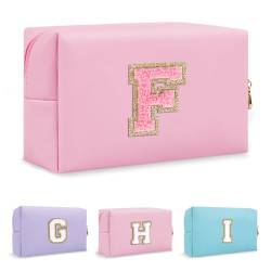 Biileen Personalisierte Make-up-Tasche mit Initiale, klein, niedlich, Reise-Chenille-Brieftasche, Rosa 2, F von Biileen