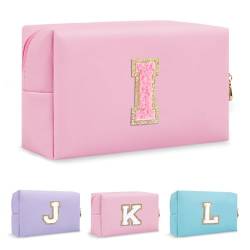 Biileen Personalisierte Make-up-Tasche mit Initiale, klein, niedlich, Reise-Chenille-Brieftasche, Rosa 2, I von Biileen
