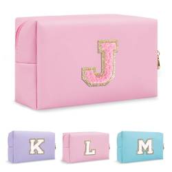 Biileen Personalisierte Make-up-Tasche mit Initiale, klein, niedlich, Reise-Chenille-Brieftasche, Rosa 2, J von Biileen