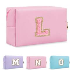 Biileen Personalisierte Make-up-Tasche mit Initiale, klein, niedlich, Reise-Chenille-Brieftasche, Rosa 2, L von Biileen