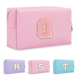 Biileen Personalisierte Make-up-Tasche mit Initiale, klein, niedlich, Reise-Chenille-Brieftasche, Rosa 2, Q von Biileen