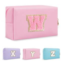 Biileen Personalisierte Make-up-Tasche mit Initiale, klein, niedlich, Reise-Chenille-Brieftasche, Rosa 2, W von Biileen