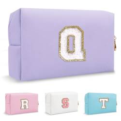 Biileen Personalisierte Make-up-Tasche mit Initiale, klein, niedlich, Reise-Chenille-Brieftasche, Violett, Q von Biileen