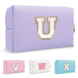 Biileen Personalisierte Make-up-Tasche mit Initiale, klein, niedlich, Reise-Chenille-Brieftasche, Violett, U von Biileen
