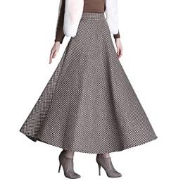 Damen Lange Rock Elegant Wollrock Winterrock Warm Plaid Casual Party Maxirock Hohe Taille A-Linie röcke Retro Elastische Taille Faltenrock Khaki 1027 -L von BiilyLi