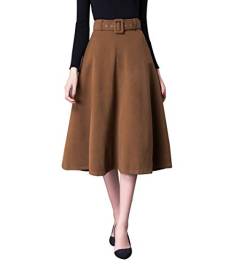 Damen Vintage Wollrock hohe Taille Midi röcke Warm Wolle Winterrock Herbst Feste Farbe Rock Passenden Gurt (XL (Taille: 76 cm,Länge: 75cm), Khaki) von BiilyLi