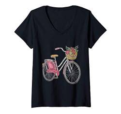 Damen Blumen Frauen Biker Geschenk Vintage Fahrrad T-Shirt mit V-Ausschnitt von Bike Fahrrad Radfahrer Geschenk