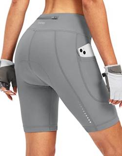 Bikewa Damen-Fahrrad-Shorts, 20,3 cm, gepolstert, 3D-Polsterung, für Radfahren, Rennradfahren, Spin, Radfahren, Reißverschlusstaschen, Hellgrau, Groß von Bikewa