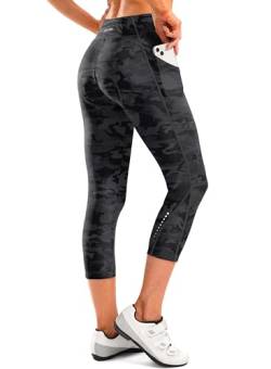 Damen-Fahrradhose, 4D-gepolstert, hohe Taille, Radhose, Caprihose, 3/4 Radhose mit Reißverschlusstaschen, Camoblack, Mittel von Bikewa