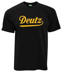 Deutz T-Shirt Oldtimer Logo Standmotor Herrenshirt Kurzarm Rundkragen gelber Brustdruck | Schwarz | Größe 4XL von Bimaxx