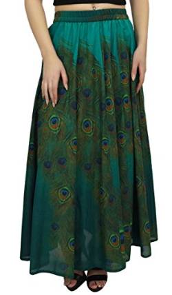 Bimba Frauen Green Peacock Feather Print Baumwolle Sommer Rock elastische Taille-XL von Bimba