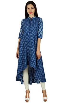 Bimba Frauen asymmetrische blau Kurta Designer Kurti Mandarinekragen Blockdruck schicke Mode Kleid von Bimba