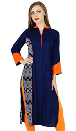 Bimba Frauen blau chic Stil Tunika indische Kurta Kurti Boho Kragen Hals Bluse von Bimba