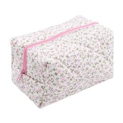Geblümte Make up Tasche niedliche Gesteppte Blumen-Make-up-Tasche aus Baumwolle Gesteppte Kosmetiktasche mit Blumenmuster Make-up-Tasche für Damen und Mädchen (Pink) von Bimhayuu