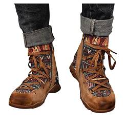 Binggong Böhmische Flache Stiefel Damen Vintage Retro Schnürstiefelette Warme Bedruckt Winterstiefel Bunte Outdoor Wanderschuhe Knöchelschuhe Winterstiefel Turnschuhe Kurzstiefel von Binggong