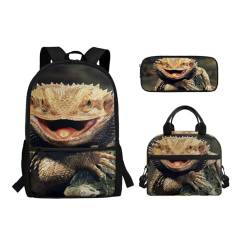 Binienty 3-teiliges Rucksack-Set mit Lunchtasche, Federmäppchen für Kinder, Kleinkinder, Mädchen, Jungen, niedlicher, leichter Schulrucksack, Lizard, Einheitsgröße, Kinderrucksack von Binienty