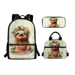 Binienty 3-teiliges Schultaschen-Set mit Lunch-Tasche, Federmäppchen für Kinder, Kleinkinder, Mädchen, Jungen, niedlicher, leichter Rucksack für die Grundschule, Faultier-Blume, Einheitsgröße, von Binienty