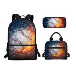 Binienty 3-teiliges Schultaschen-Set mit Lunch-Tasche, Federmäppchen für Kinder, Kleinkinder, Mädchen, Jungen, niedlicher, leichter Rucksack für die Grundschule, Wasserfeuer Baseball, Einheitsgröße, von Binienty