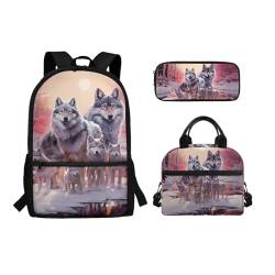 Binienty 3-teiliges Schultaschen-Set mit Lunchbox, Federmäppchen für Kinder, Kleinkinder, Mädchen, Jungen, niedliches, leichtes Rucksack-Set, 3-in-1, Sunset Wolf Family, Einheitsgröße, Kinderrucksack von Binienty