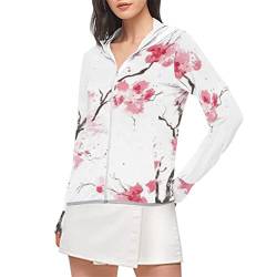 Binienty Cherry Blossoms Damen Full Zip UPF 50+ Langarm Sonnenshirt Sonnenschutz Hoodie Jacke für Radfahren Wandern Outdoor, Weiß von Binienty