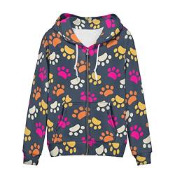 Binienty Damen Grafik gedruckt Sweatshirt Reißverschluss Langarm Hoodies Ästhetische Jacke Streetwear mit Taschen, Bunte Pfoten., 46 von Binienty