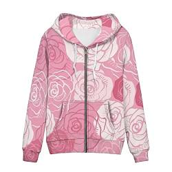 Binienty Damen Grafik gedruckt Sweatshirt Reißverschluss Langarm Hoodies Ästhetische Jacke Streetwear mit Taschen, Rosa Blumendruck, 46 von Binienty