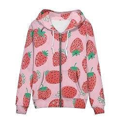 Binienty Damen Grafik gedruckt Sweatshirt Reißverschluss Langarm Hoodies Ästhetische Jacke Streetwear mit Taschen, erdbeere, 38 von Binienty