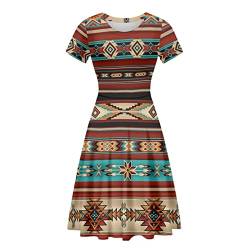 Binienty Damen Sommer Casual Lose Rundhals Kleid Rüschen Puffy Langarm Hohe Taille Midi Kleid, Native Azteken, XX-Large von Binienty