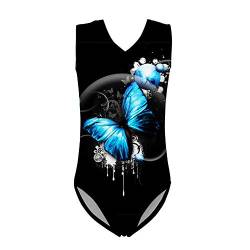 Binienty Einteiliger Badeanzug für Mädchen von 3 bis 14 Jahren, Gymnastikanzug mit V-Ausschnitt, Blauer Schmetterling, 9-10 Jahre von Binienty