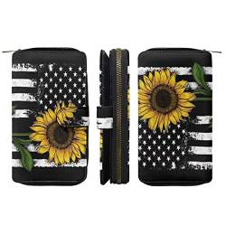 Binienty Grafikdruck Leder Geldbörsen für Frauen RFID-blockierende Reißverschlusstasche Bifold Wallet Card Case, Amerikanische Flagge Sonnenblume von Binienty