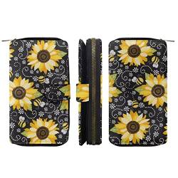 Binienty Grafikdruck Leder Geldbörsen für Frauen RFID-blockierende Reißverschlusstasche Bifold Wallet Card Case, Sonnenblumenbiene von Binienty