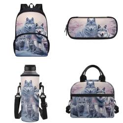 Binienty Kinder-Rucksack, Schultasche für Teenager, Mädchen, Jungen, Büchertaschen-Set, lässiger Tagesrucksack mit Lunchtasche, Federmäppchen, Wasserflaschentasche, Snow Wolf Family, Einheitsgröße von Binienty