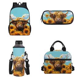 Binienty Kinder-Rucksack, Schultasche für Teenager, Mädchen, Jungen, Büchertaschen-Set, lässiger Tagesrucksack mit Lunchtasche, Federmäppchen, Wasserflaschentasche, Sonnenblume schottische von Binienty